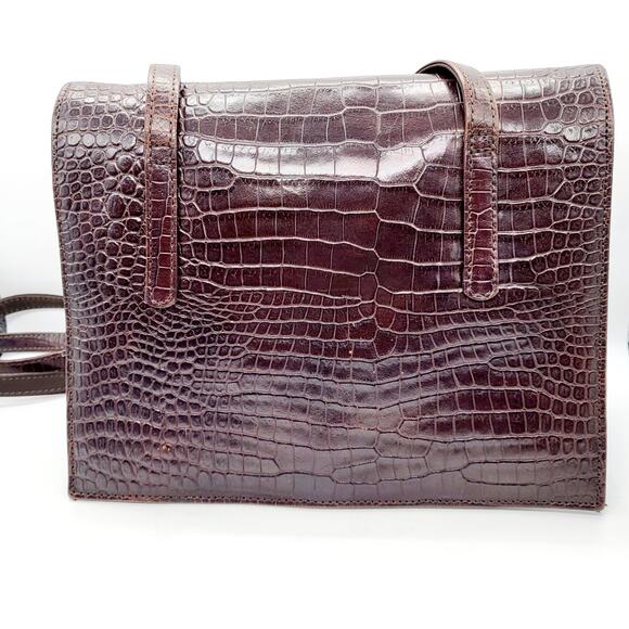 Vintage Bloomingdale's Dark Brown Leather Croc Embossed Envelope Accordion Bag - Picture 2 of 13